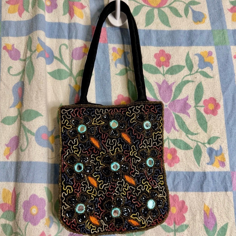Vintage Black Floral Beaded Satin Mini Tote Bag With Mirror Design